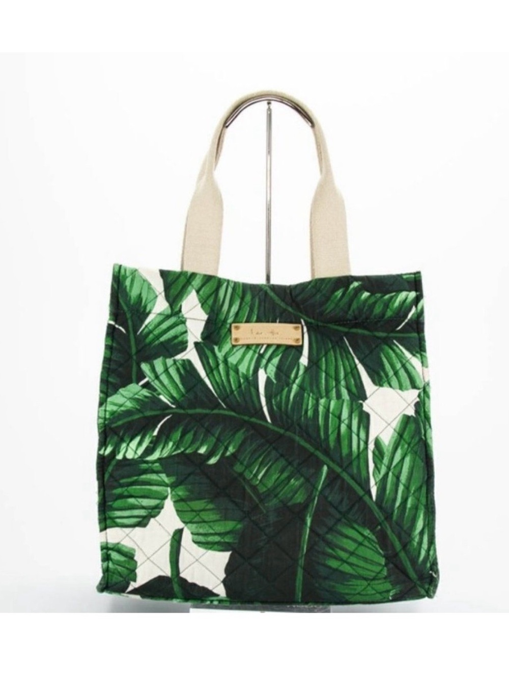 Green Tropical Leaf Tote Bag with Cream Handles